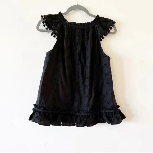 J Crew Reimagined Pom Pom‎ Trim Eyelet Top Black XS Cotton Summer Coquette Tank - Picture 2 of 9